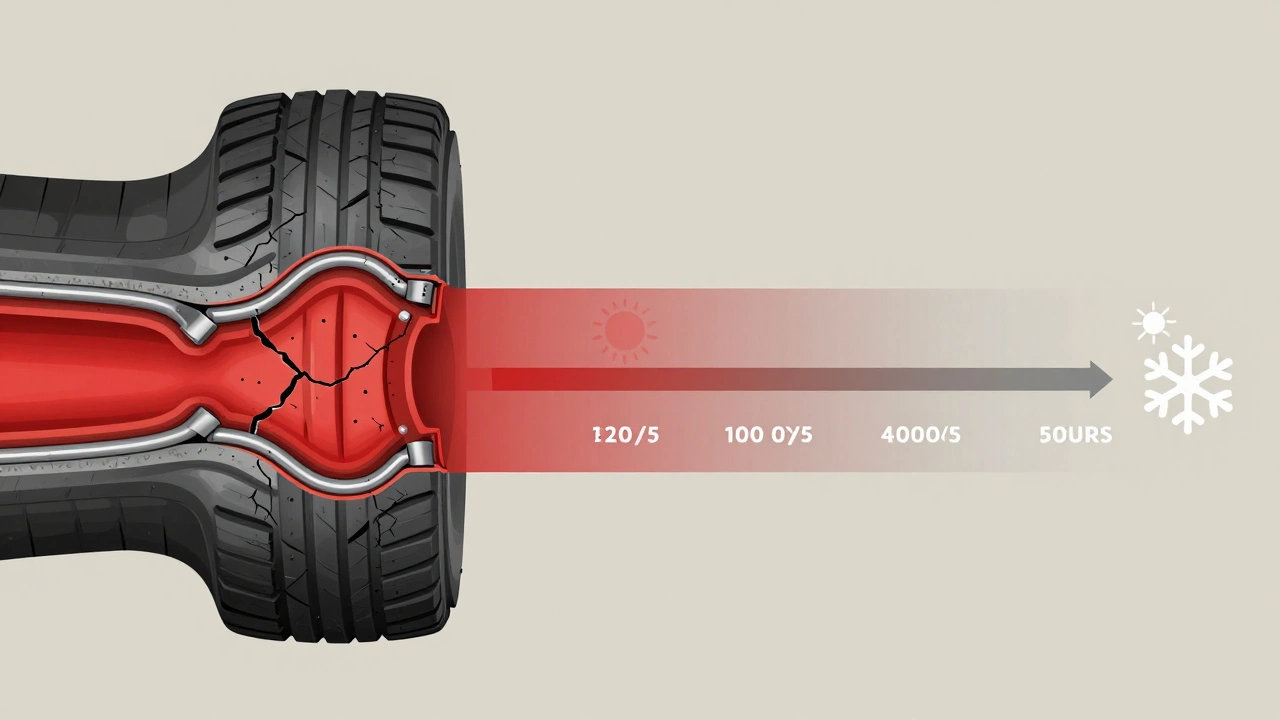 Разрез шины, показывающий старение резины со временем