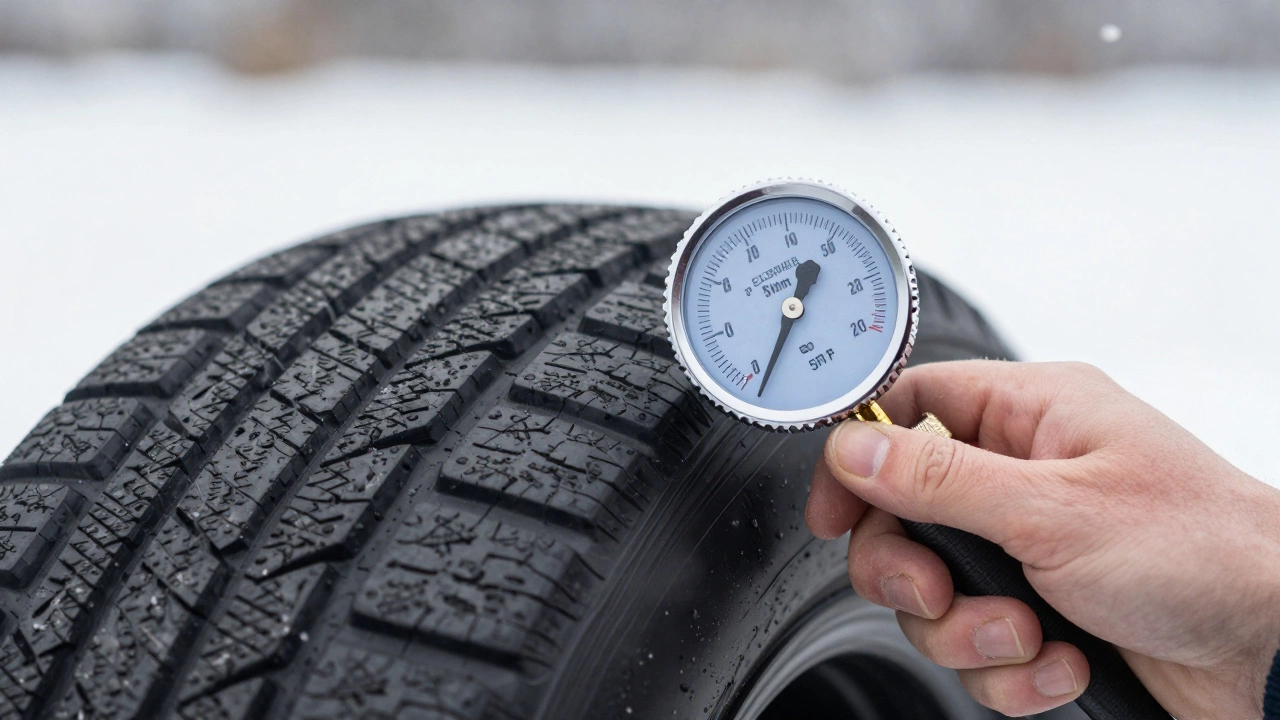 Рука измеряет глубину протектора зимней всесезонной шины, показатель 5,5 мм.