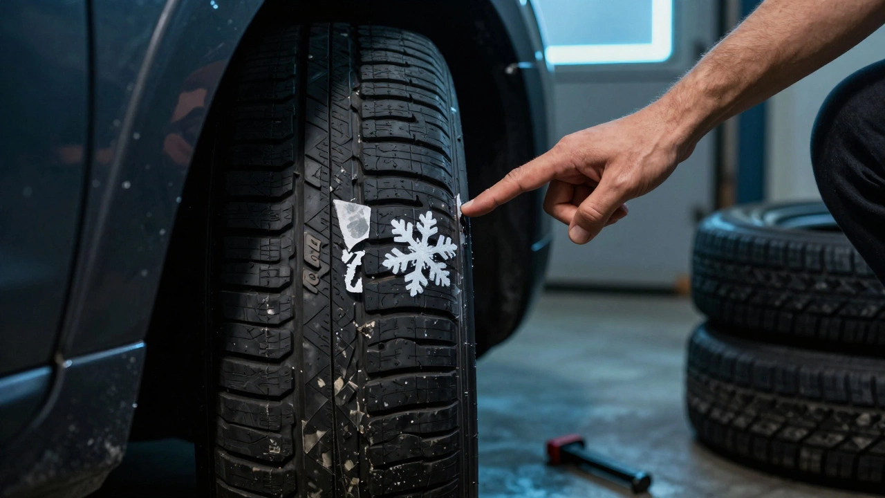 Рука указывает на наклеенную снежинку на шине, рядом — настоящая зимняя резина с оттиском.