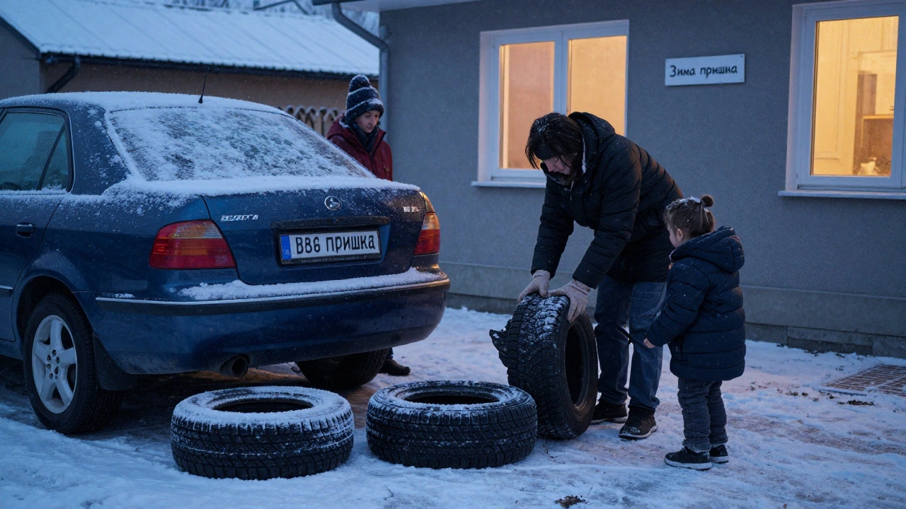 Семья заменяет всесезонные шины на зимние в снежном дворе Казани на рассвете.