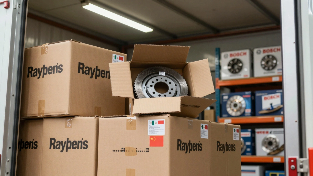 Склад с коробками Raybestos, загружаемыми с грузовика, одна коробка открыта, виден сертификат DOT.