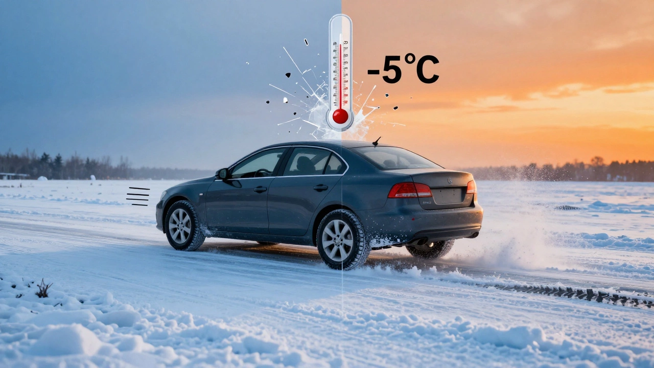 Сравнение: безопасный тормозной путь на зимней резине и опасное скольжение на всесезонке на льду.