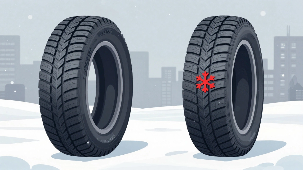 Сравнение шин M+S и зимних с маркировкой 3PMSF на льду с деталями протектора.