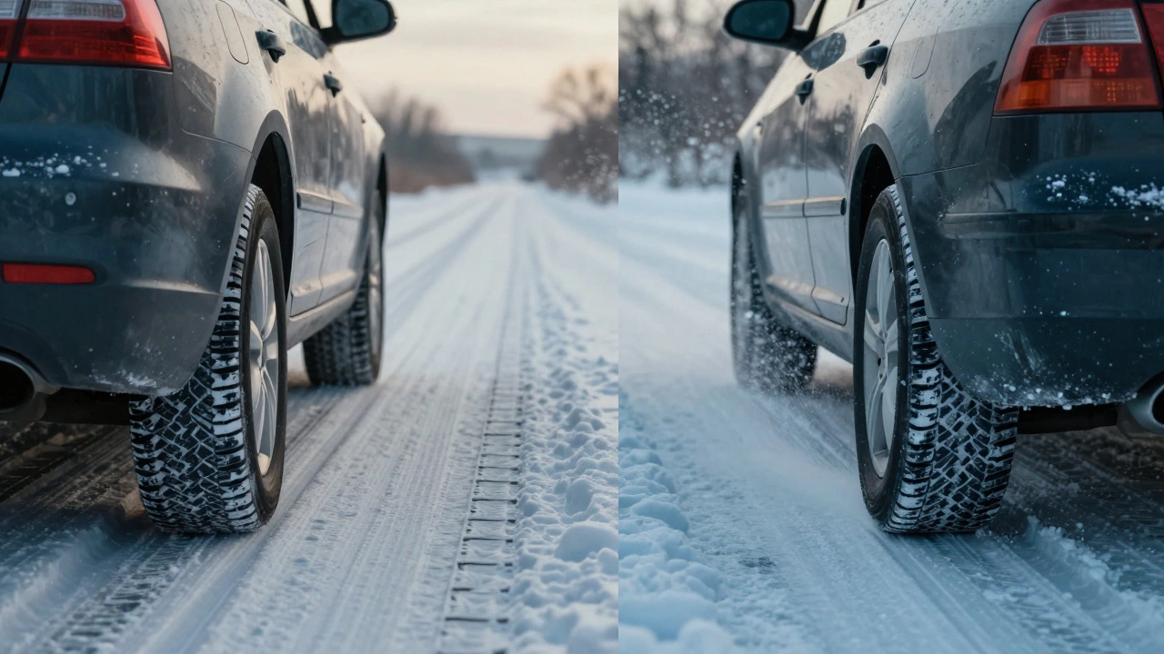 Сравнение торможения на снегу: машина с 3PMSF останавливается безопасно, с M+S — скользит.