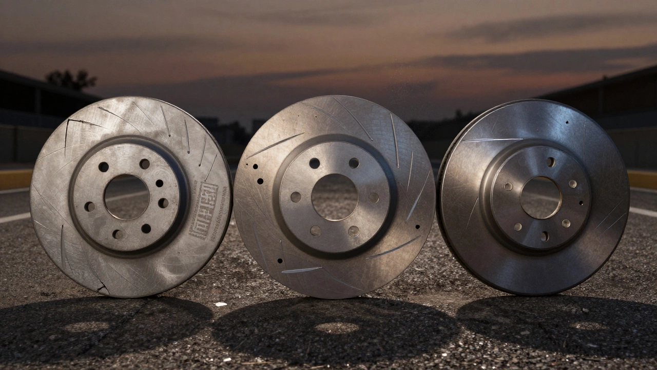 Сравнение трех тормозных дисков: подделка, Raybestos и оригинал на асфальте при закате.