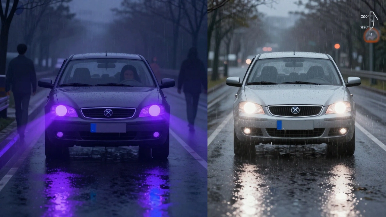 Сравнение: запрещенные цветные фары слева и законные белые фары справа.