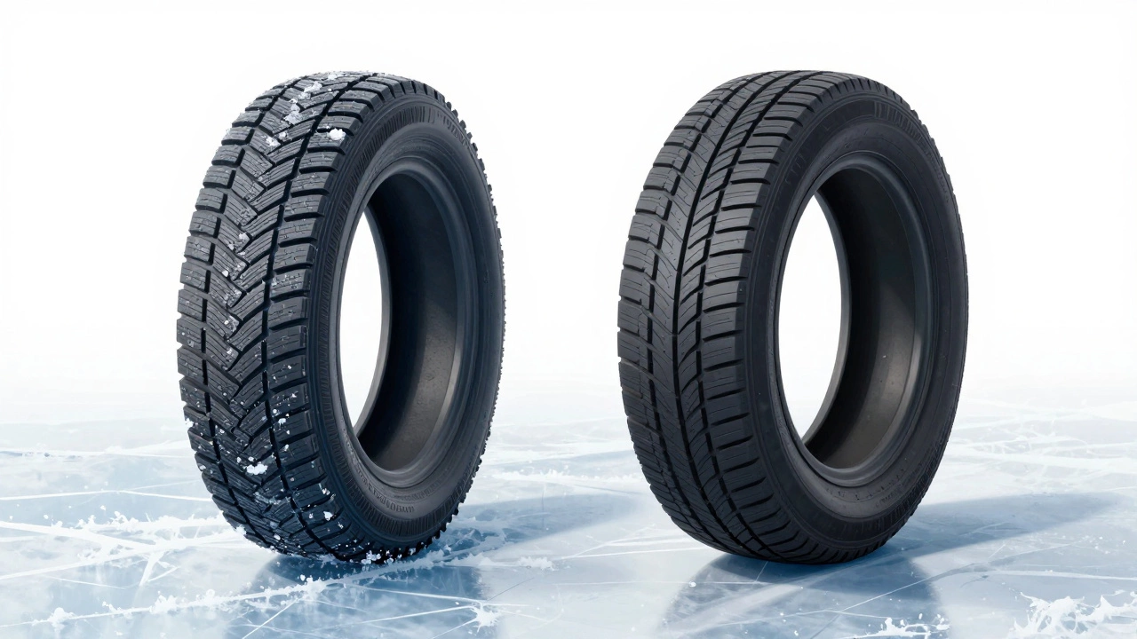 Сравнение зимней и всесезонной шин: зимняя с множеством ламелей цепляется за лёд, всесезонная скользит.