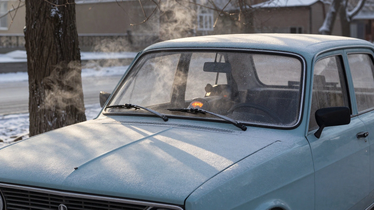 Старая машина зимой в Казани с легким паром от теплого двигателя после короткой поездки.