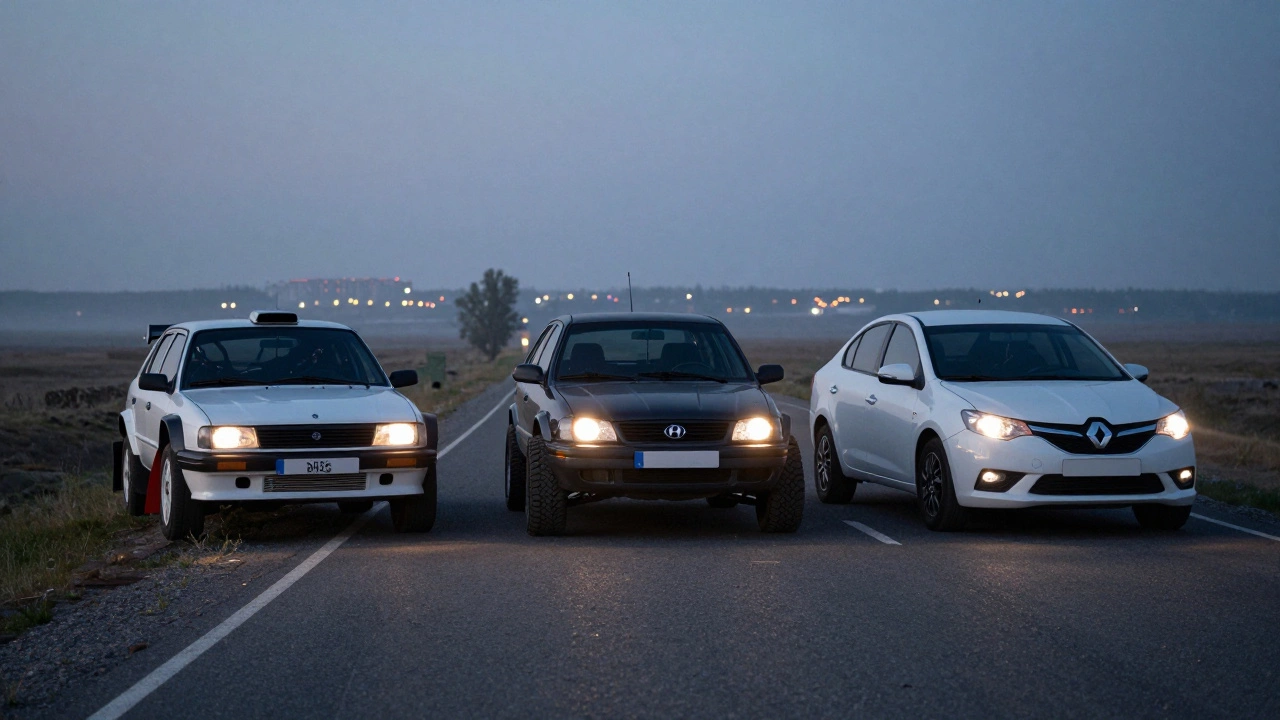 Три тюнинговые машины — Samara, Accent и Logan — стоят на дороге на закате с уникальными доработками.