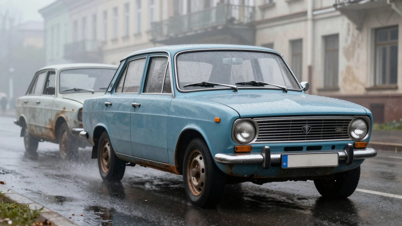 Восстановленный Запорожец едет по дождливой улице, за ним прозрачный силуэт той же машины в ржавом состоянии.