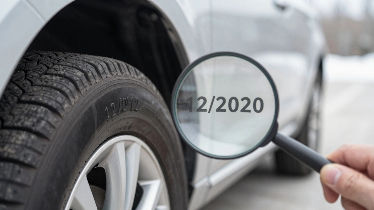 Ближний план покрышки с датой производства, подчеркивающий срок службы шин