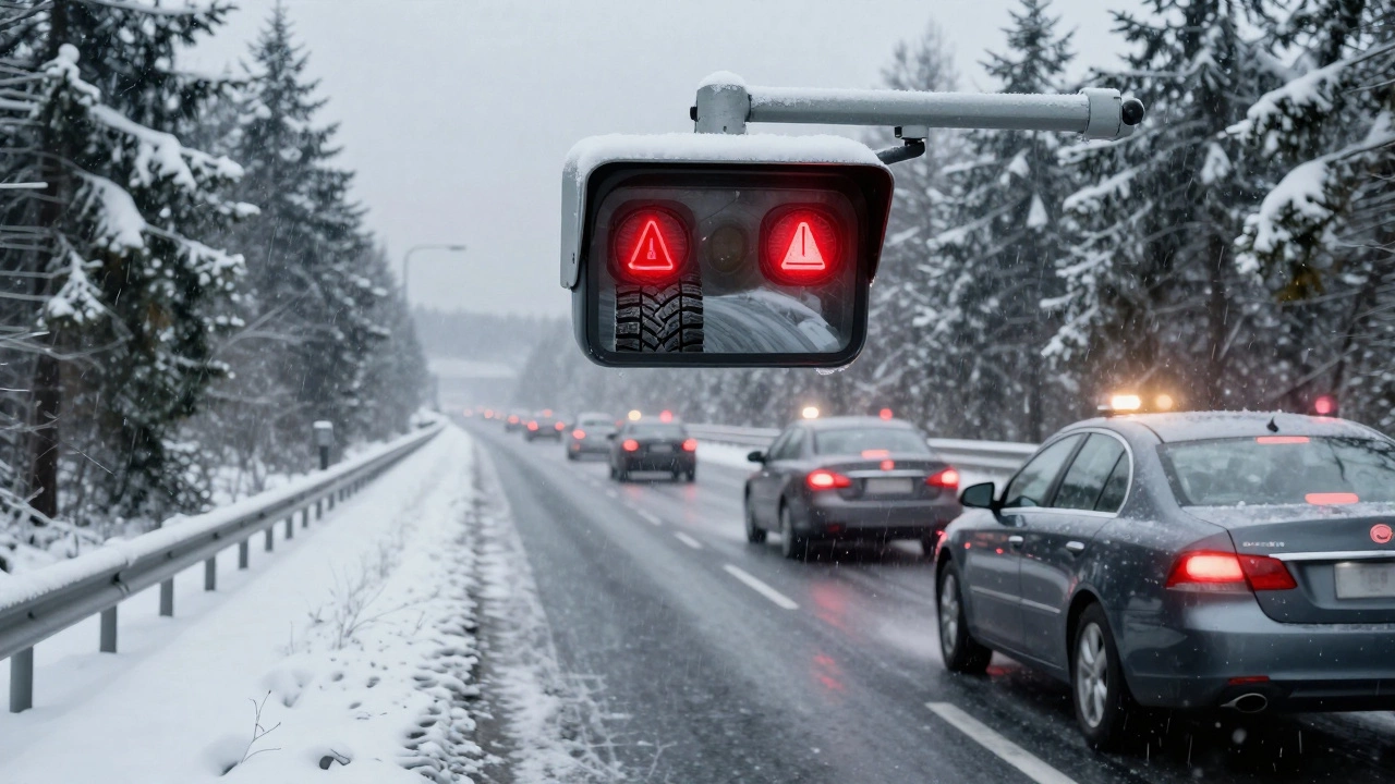 Камера фиксирует автомобиль с летними шинами на заснеженной трассе, рядом — безопасно едущие машины с зимними шинами.