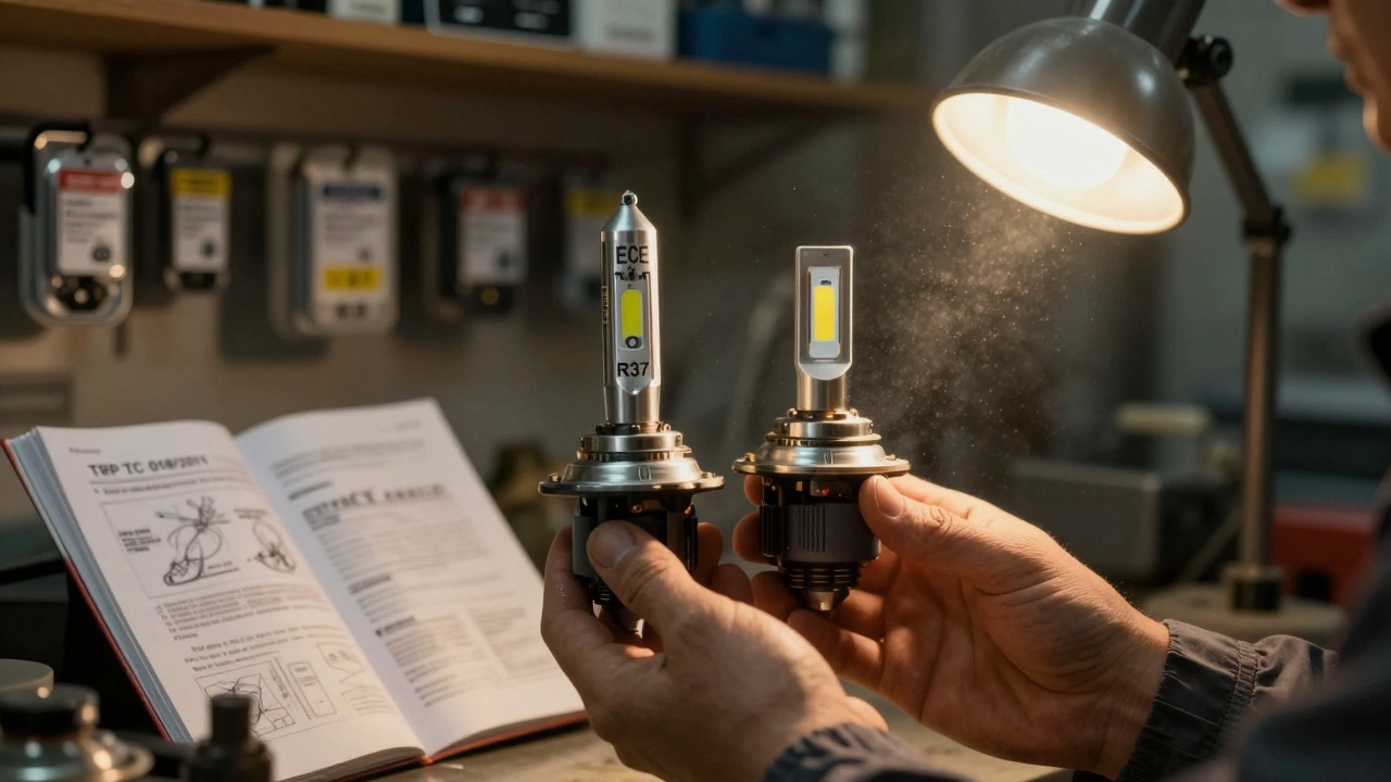 Механик сравнивает сертифицированную и несертифицированную лампы в автосервисе, на полках — правильные запчасти.