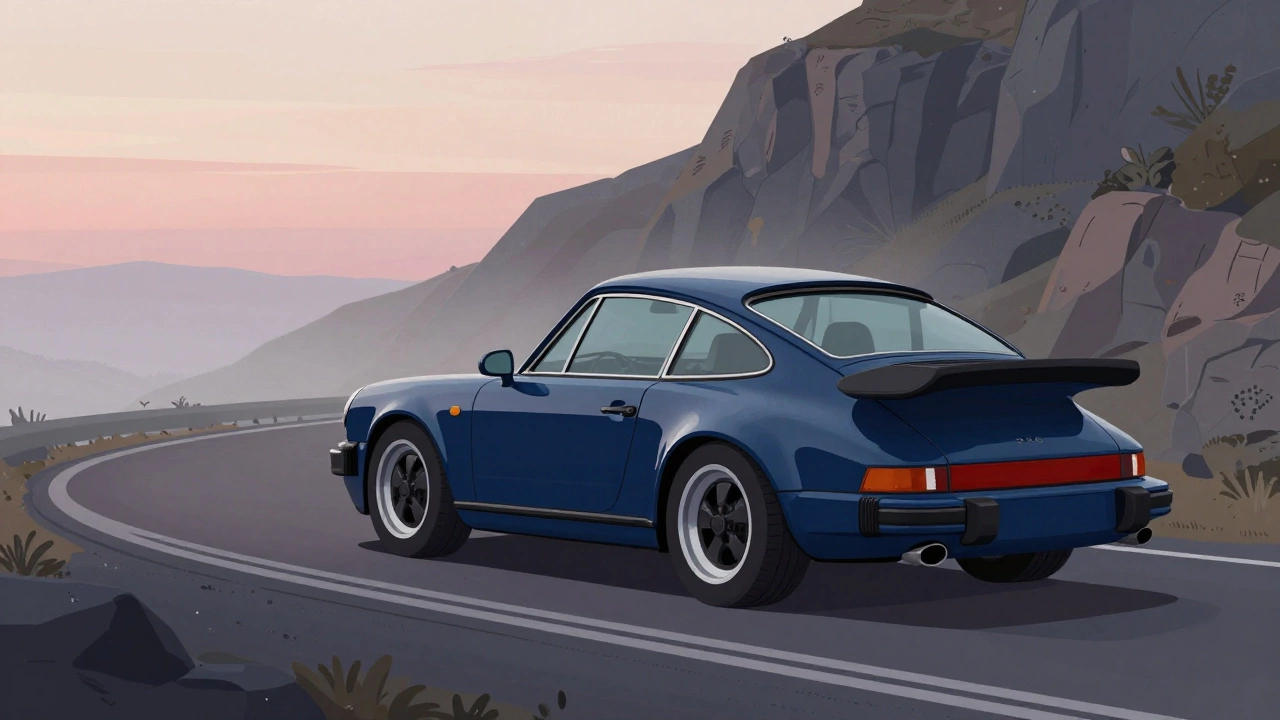 Porsche 911 (964) на горной дороге в утреннем тумане с округлыми формами и маленькими фарами.