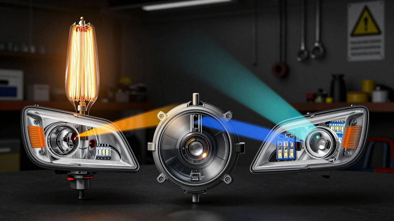 Разрез трех типов автомобильных ламп: галоген, ксенон и светодиод, с визуализацией их внутреннего устройства и светового потока.