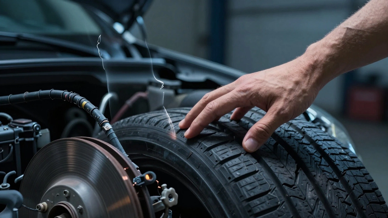 Рука на приборной панели с прозрачными изображениями скрытых повреждений проводки и тормозов.