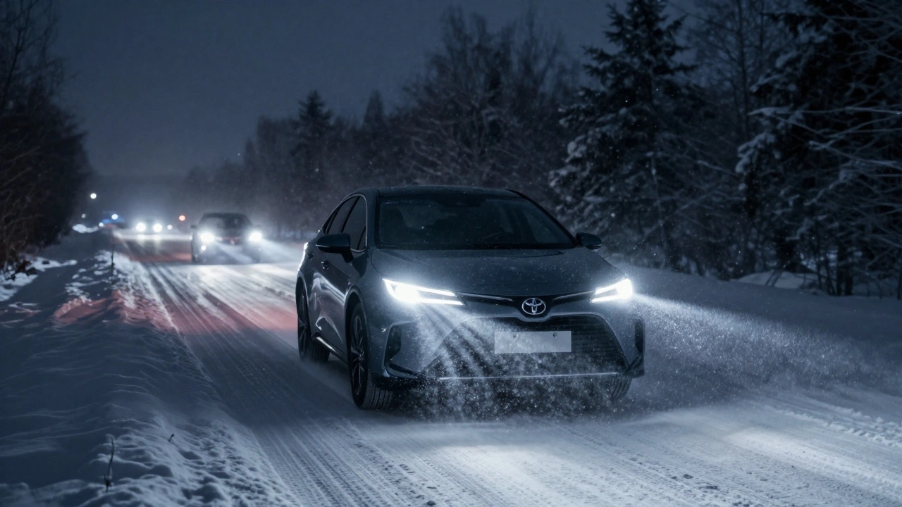 Современный автомобиль с адаптивными светодиодными фарами едет по снежной дороге ночью, освещая путь без ослепления встречного транспорта.