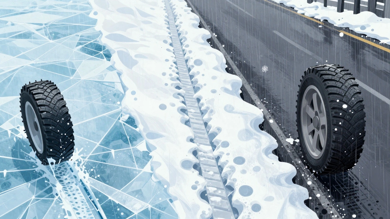 Сравнение работы шин на льду, снегу и мокром асфальте: шипы на льду, липучка на снегу и мокром покрытии