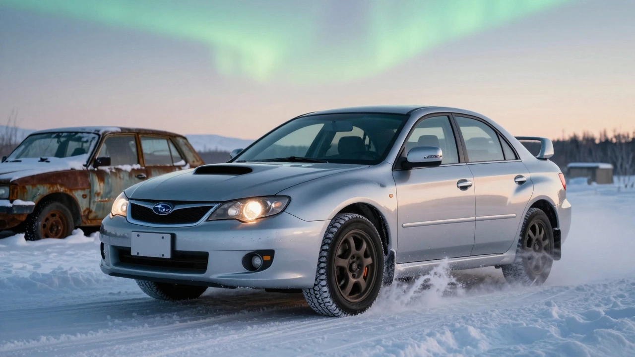 Subaru Impreza в снегу с чистым кузовом, вода стекает по спроектированным каналам.