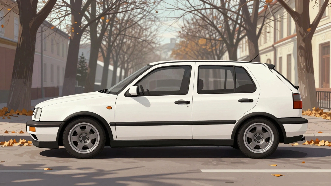 ВАЗ-2109 в стиле мидсенчури с чистым кузовом и матовыми ручками, стоящий под осенними деревьями.