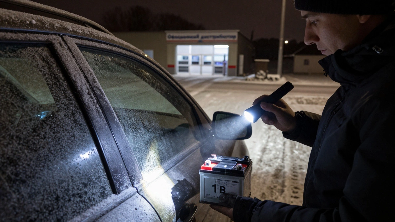 Водитель проверяет дату аккумулятора под фонариком на снежной обочине в зимнюю ночь.