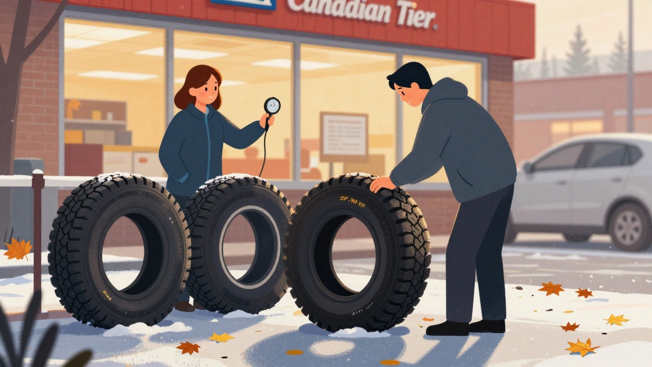 Водитель проверяет зимние шины на бесплатной станции осмотра возле магазина, видны символы 3PMSF на покрышках.