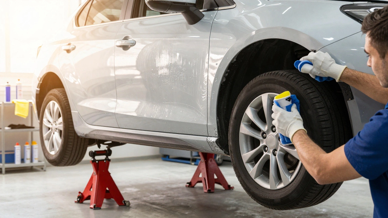 Автомобиль на домкратах готов к хранению.