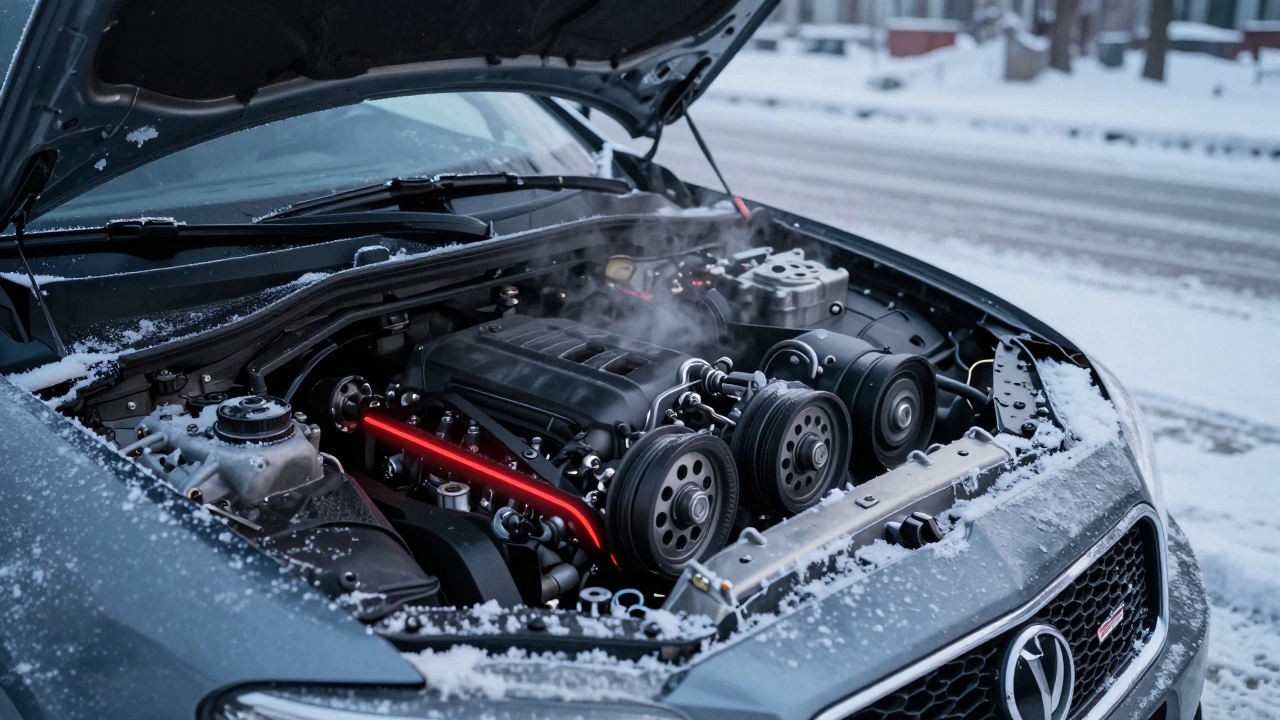 Автомобиль на зимней дороге в Казани с видимым повреждением ремня ГРМ внутри мотора.