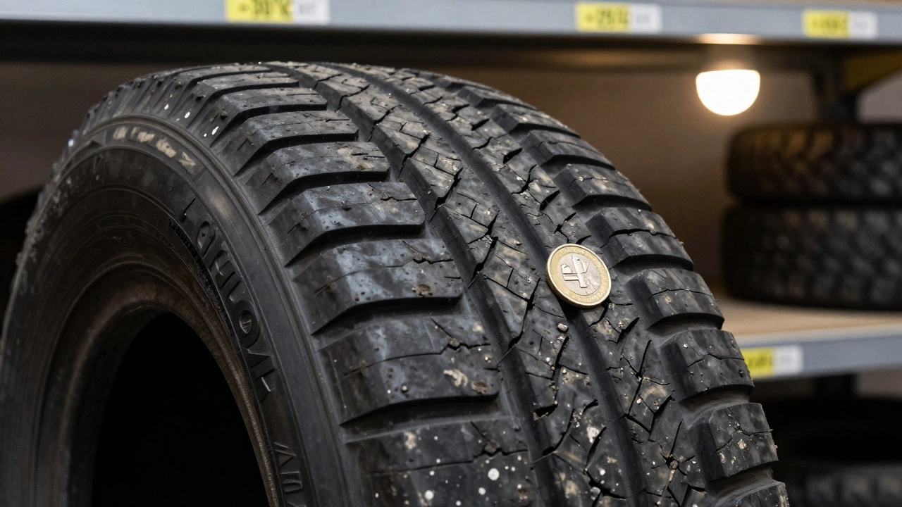 Боковина шины Hankook с трещинами и монетой в протекторе для измерения глубины.