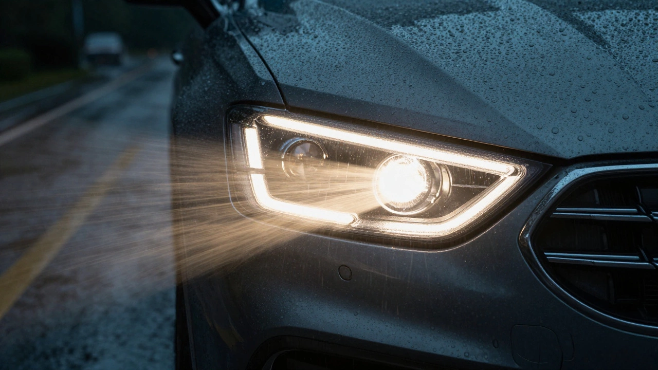 Чистая фара современного авто освещает дорогу под дождем.