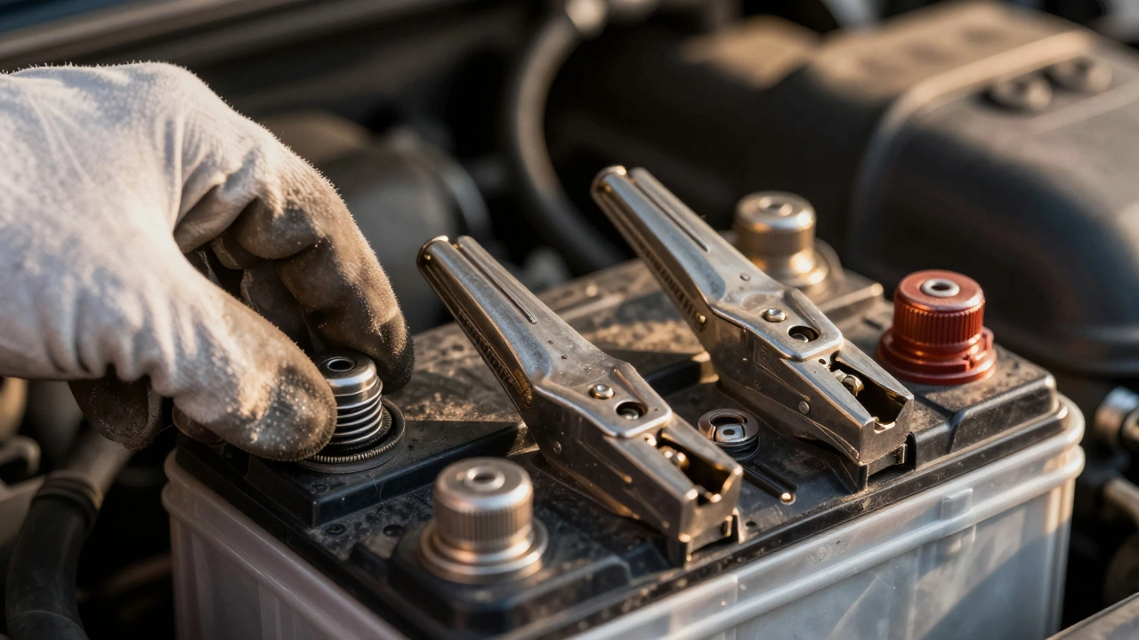 Крупный план клемм аккумулятора в моторном отсеке автомобиля