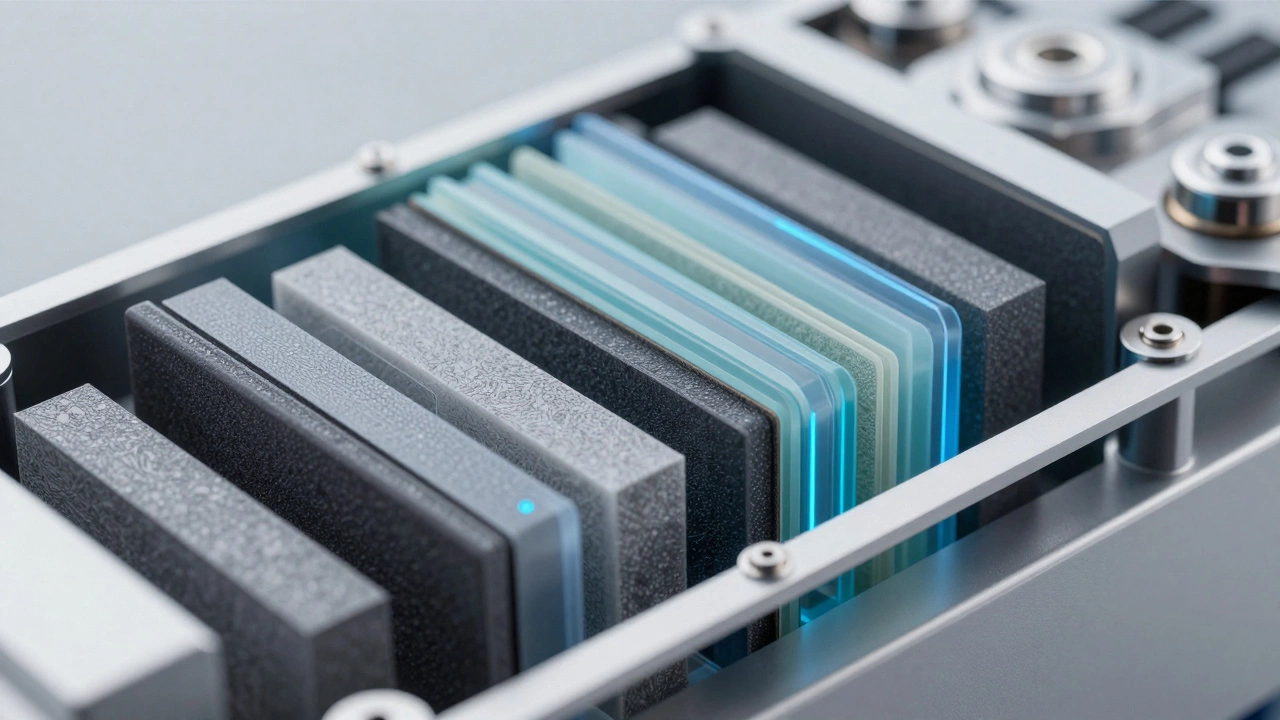 Макрофотография среза внутренней структуры аккумулятора.