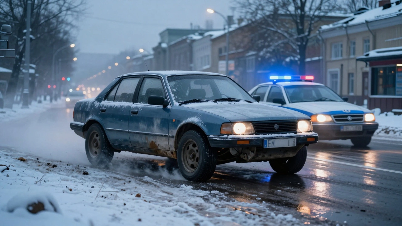 Машина с изменённой подвеской теряет управление на ледяной дороге в Казани зимой.