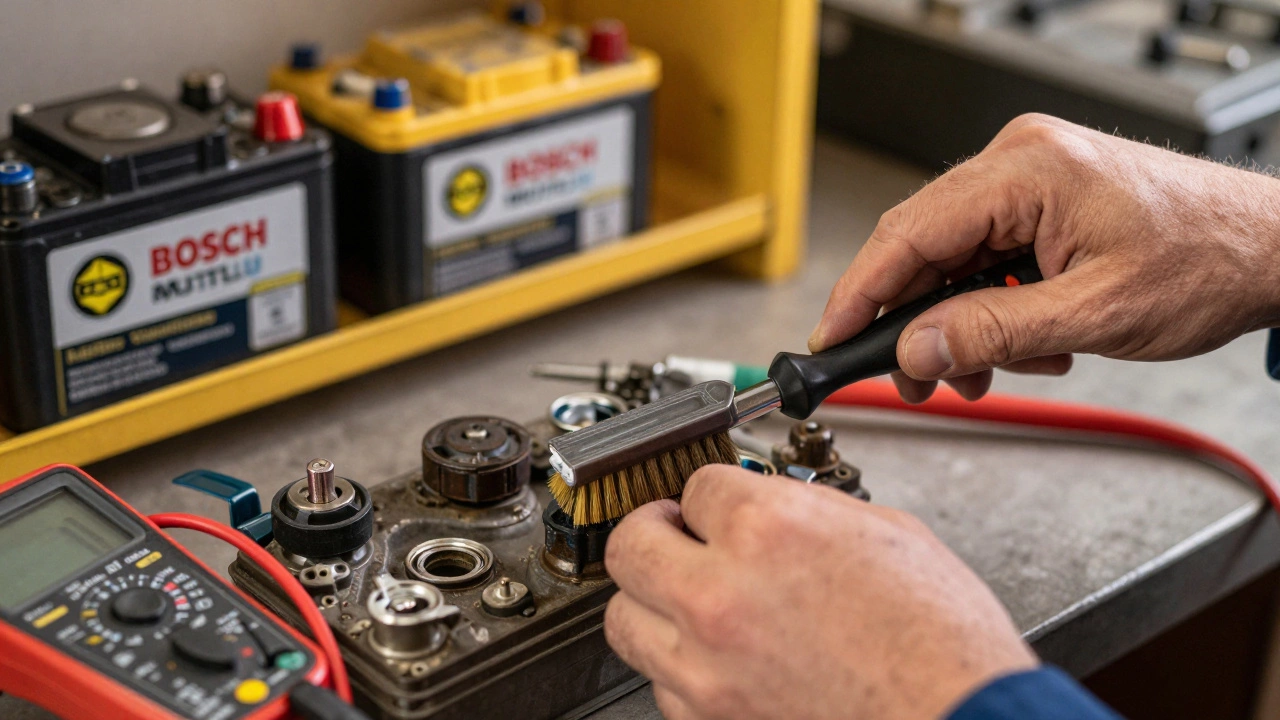 Механик чистит клеммы аккумулятора, на заднем плане — брендовые батареи и инструменты в автосервисе.