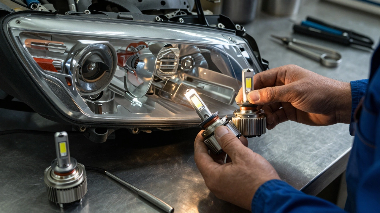 Механик заменяет светодиодные лампы на улучшенные галогенки Philips X-tremeVision в гараже, на столе лежат инструменты и старые лампы.