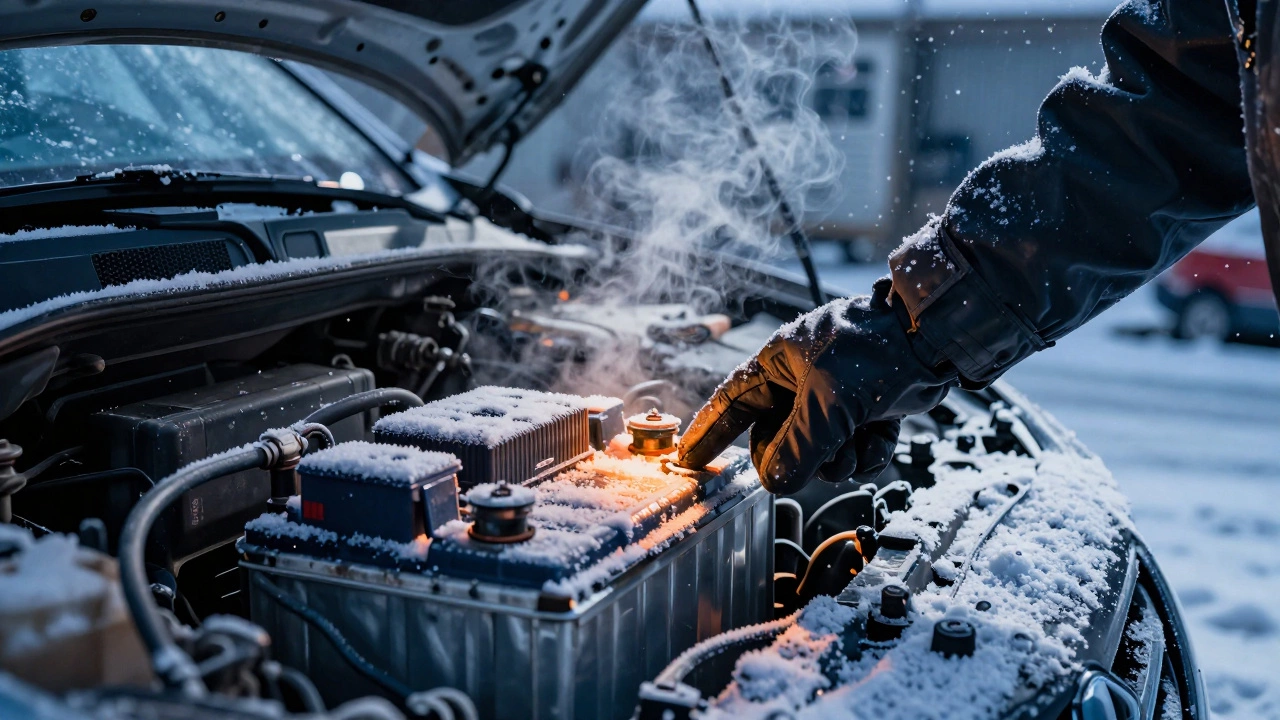 Осмотр клемм аккумулятора в условиях сильного мороза и снега.