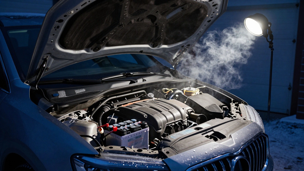 Открытый капот машины в холодном гараже с подсветкой двигателя