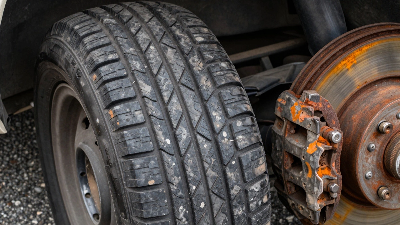 Поврежденные шины и ржавые тормозные диски.