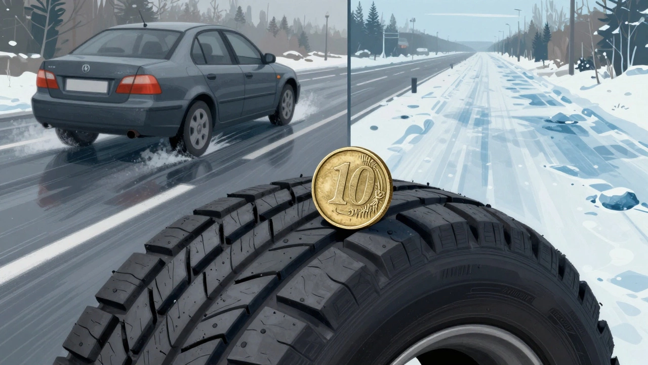 Проверка глубины протектора монетой 10 рублей — герб полностью виден, символизируя необходимость замены.