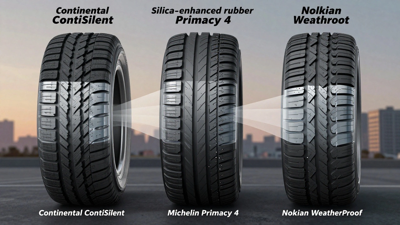 Разрез трех типов шин с выделенными слоями: пена, кремний и многослойный протектор, символизирующие технологии тишины.