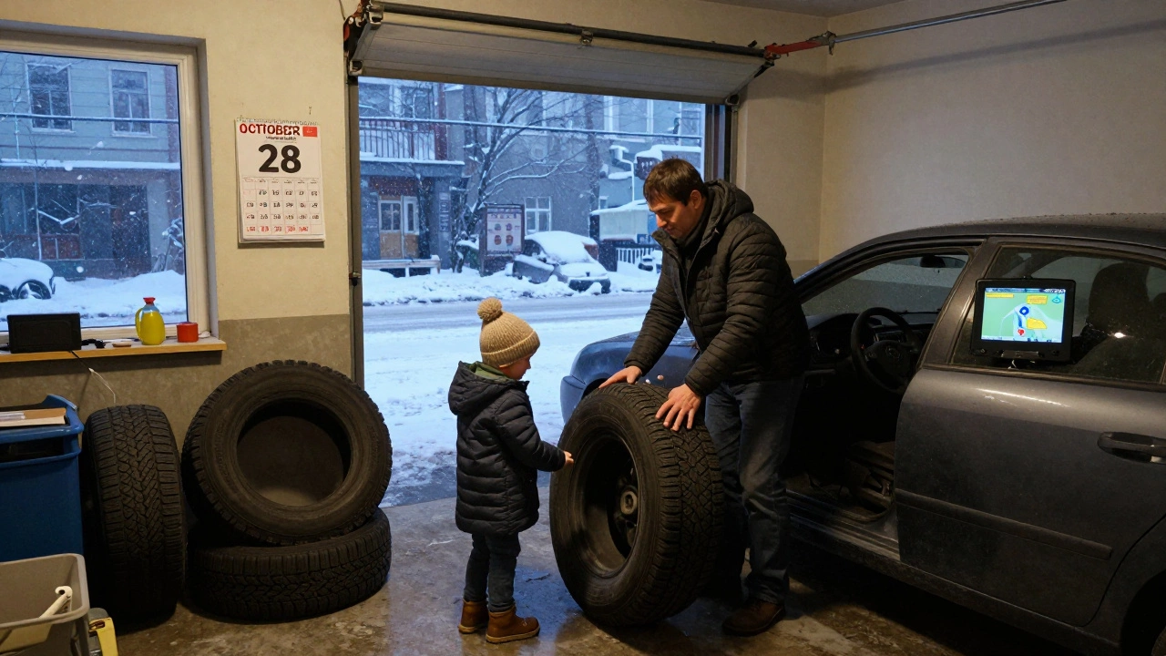 Семья устанавливает всепогодные шины в Казани в конце октября, за окном — снегопад, на стене — календарь.