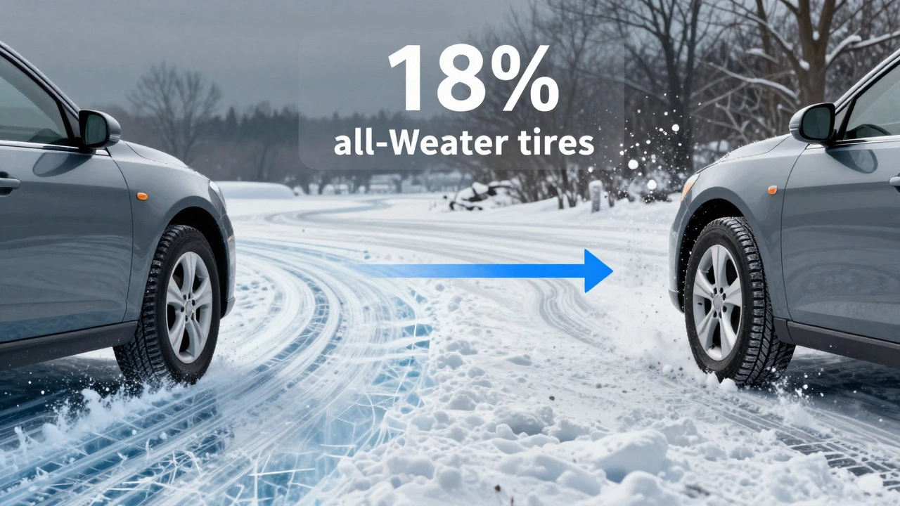 Сравнение тормозного пути: машина с всесезонными шинами скользит на льду, а с всепогодными — останавливается короче.