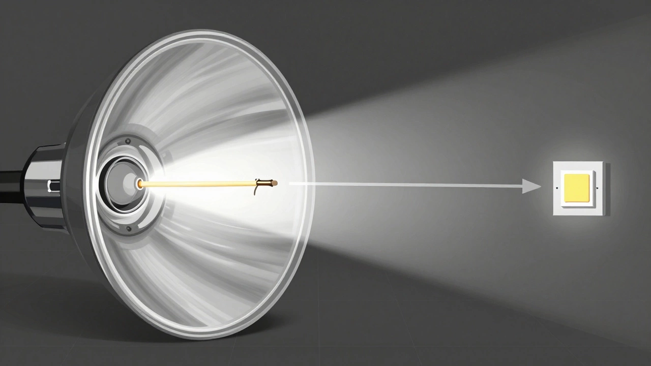 Технический разрез фары: сравнение правильного расположения галогенной лампы и неправильного — светодиодной, с показом неравномерного светового пучка.