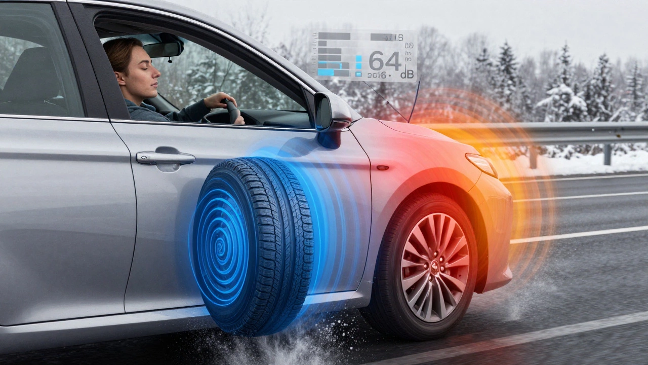 Водитель в спокойном состоянии за рулем, звуковые волны превращаются в упорядоченные круги, показывая низкий уровень шума 64 дБ.