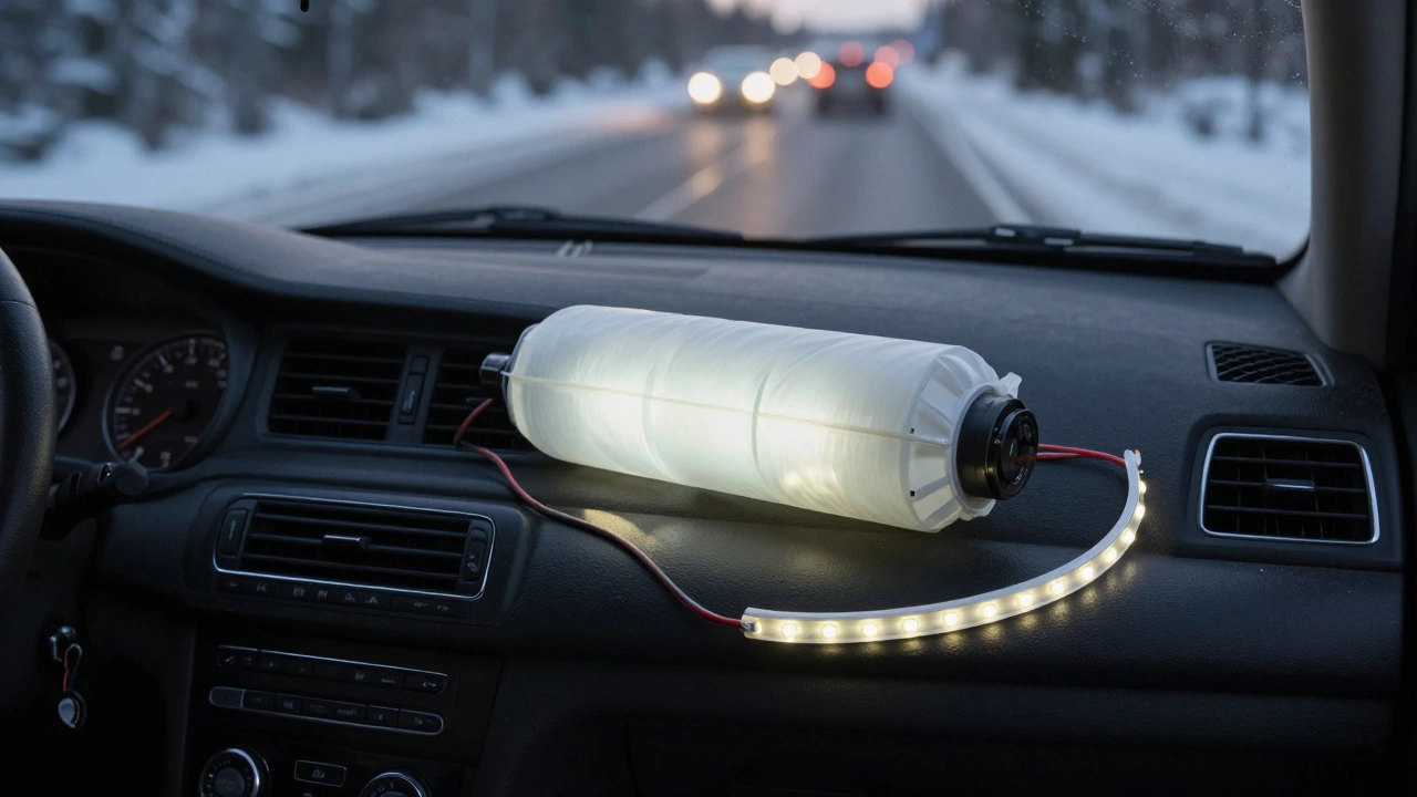 Заводская подушка безопасности светится в салоне, рядом — отключённые провода и декоративная подсветка.