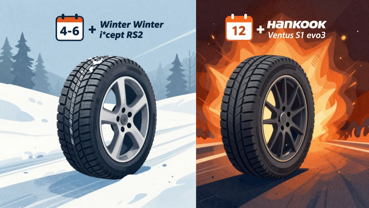 Зимняя и летняя шины Hankook на фоне снега и асфальта с указанием сроков использования.