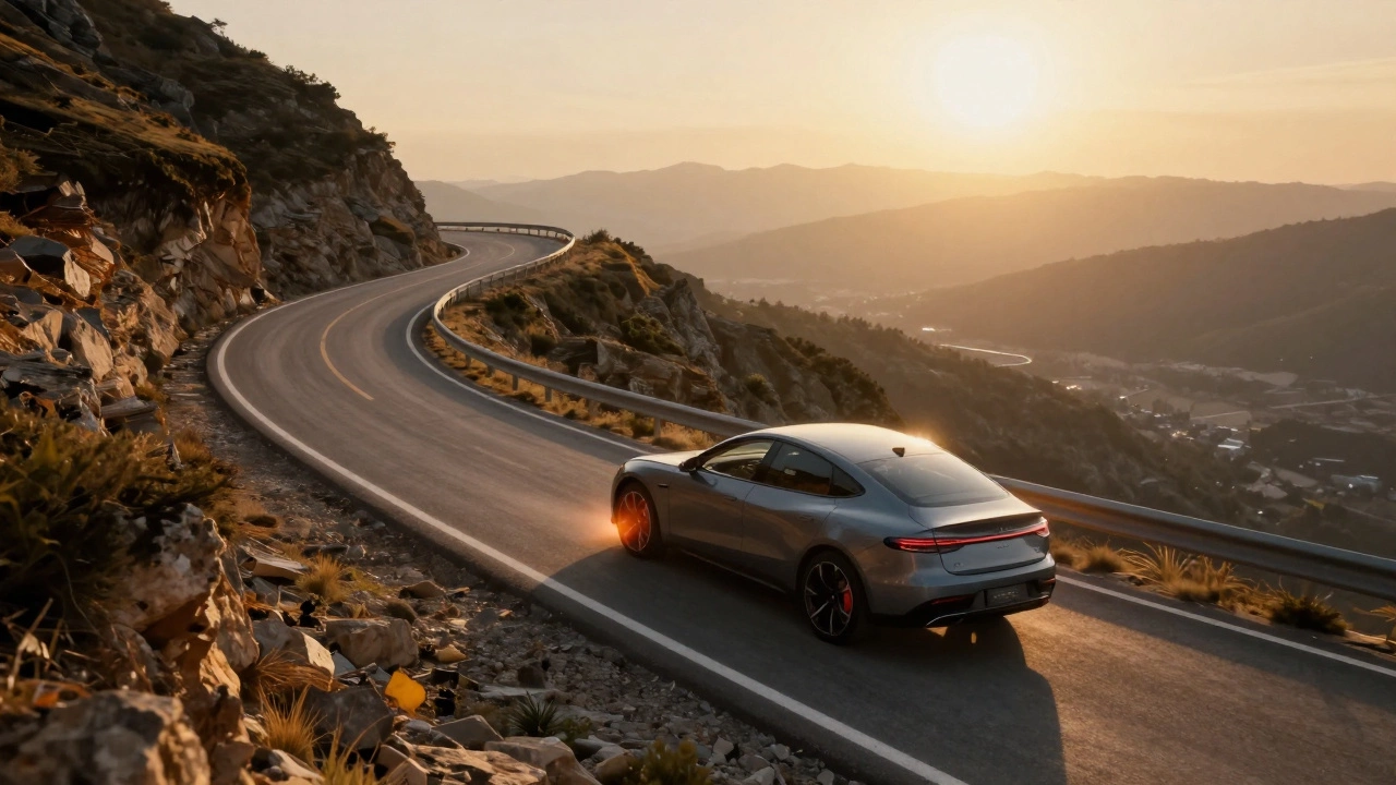 Автомобиль спускается по серпантину горной дороги на закате