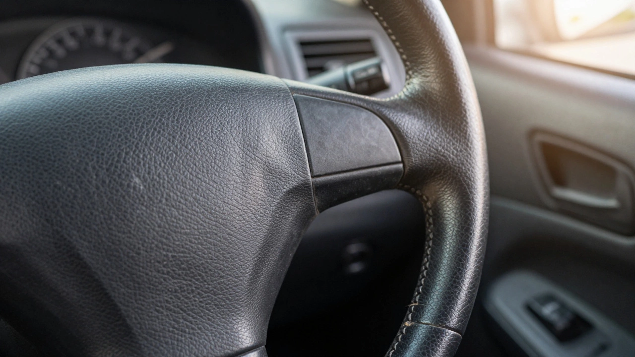 Изношенный руль и педали автомобиля с большим пробегом