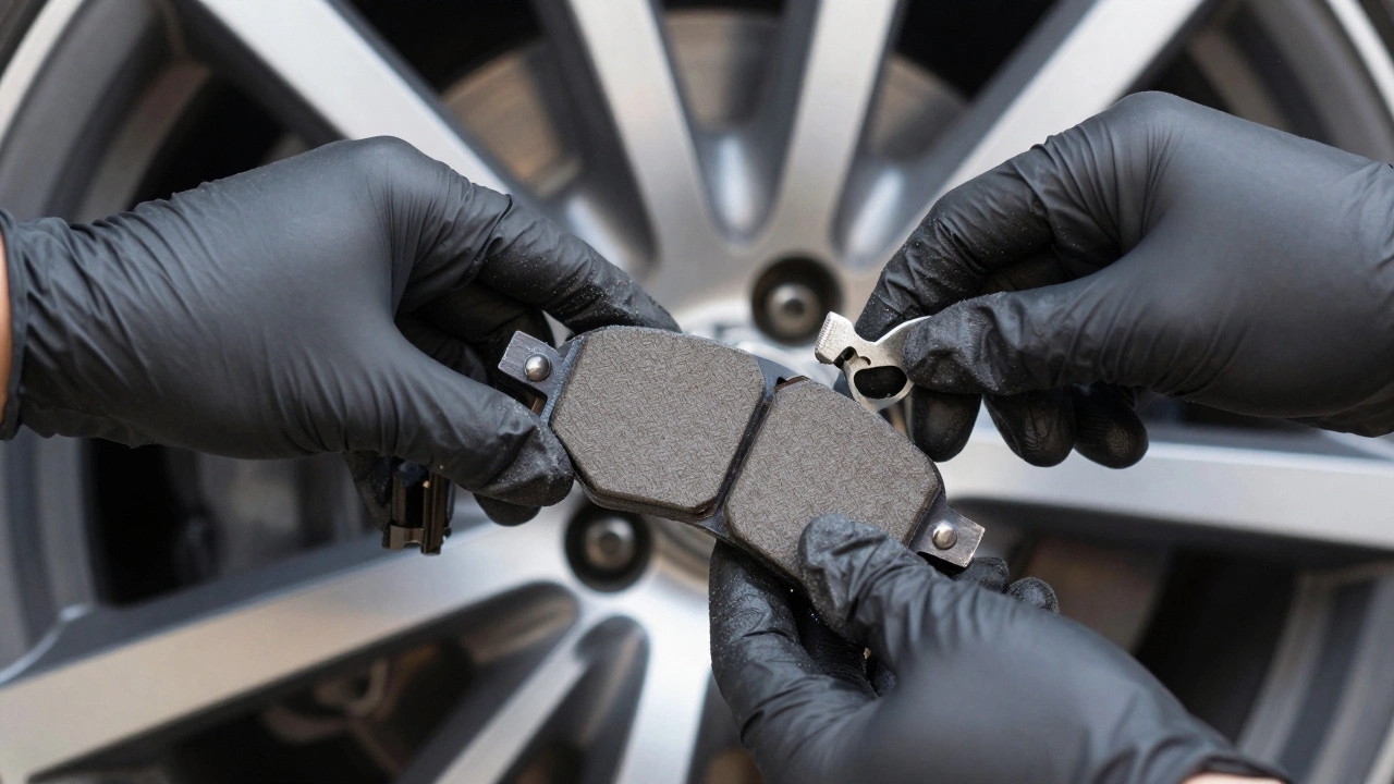 Механик проверяет износ тормозных колодок через колесный диск