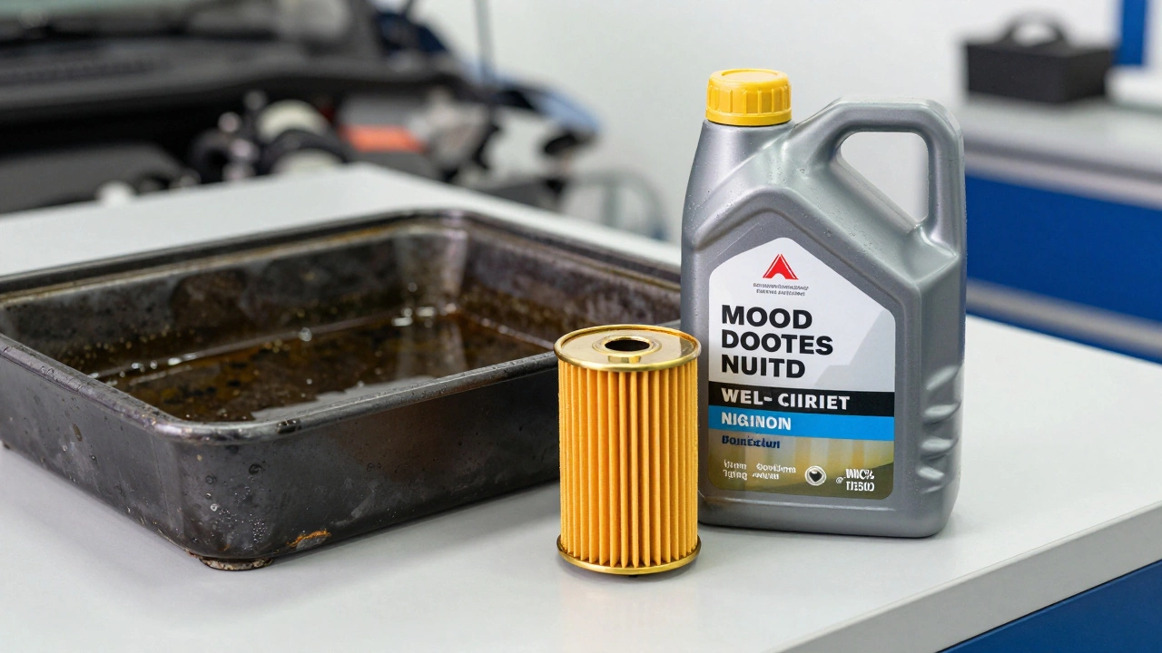 Новый масляный фильтр и бутылка масла рядом с отработанной жидкостью